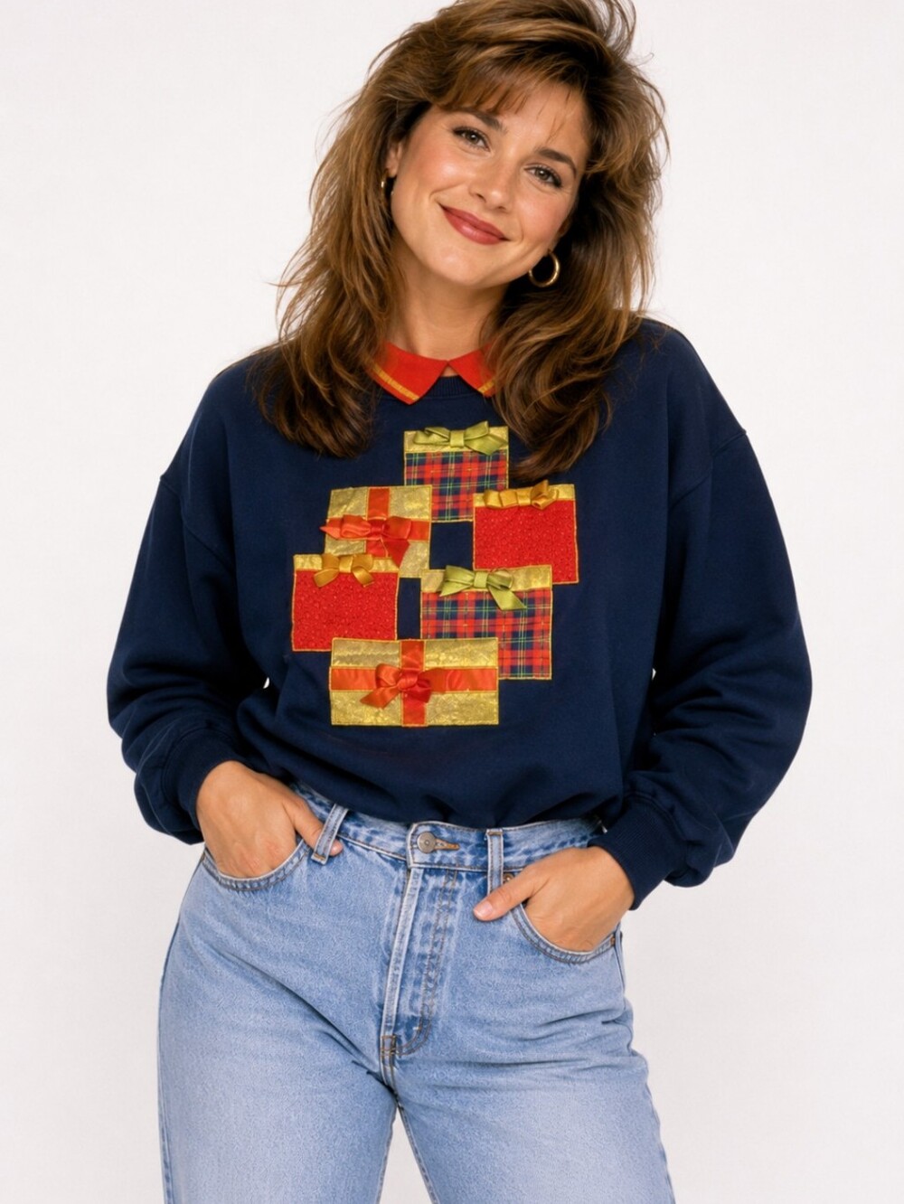 Vtg. navy Embellished holiday gold/red presents Christmas collared sweatshirt Lg